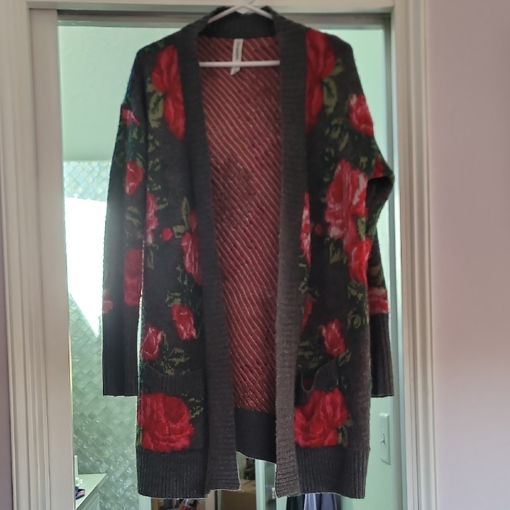 Floral Gray and Red Women's Sweater